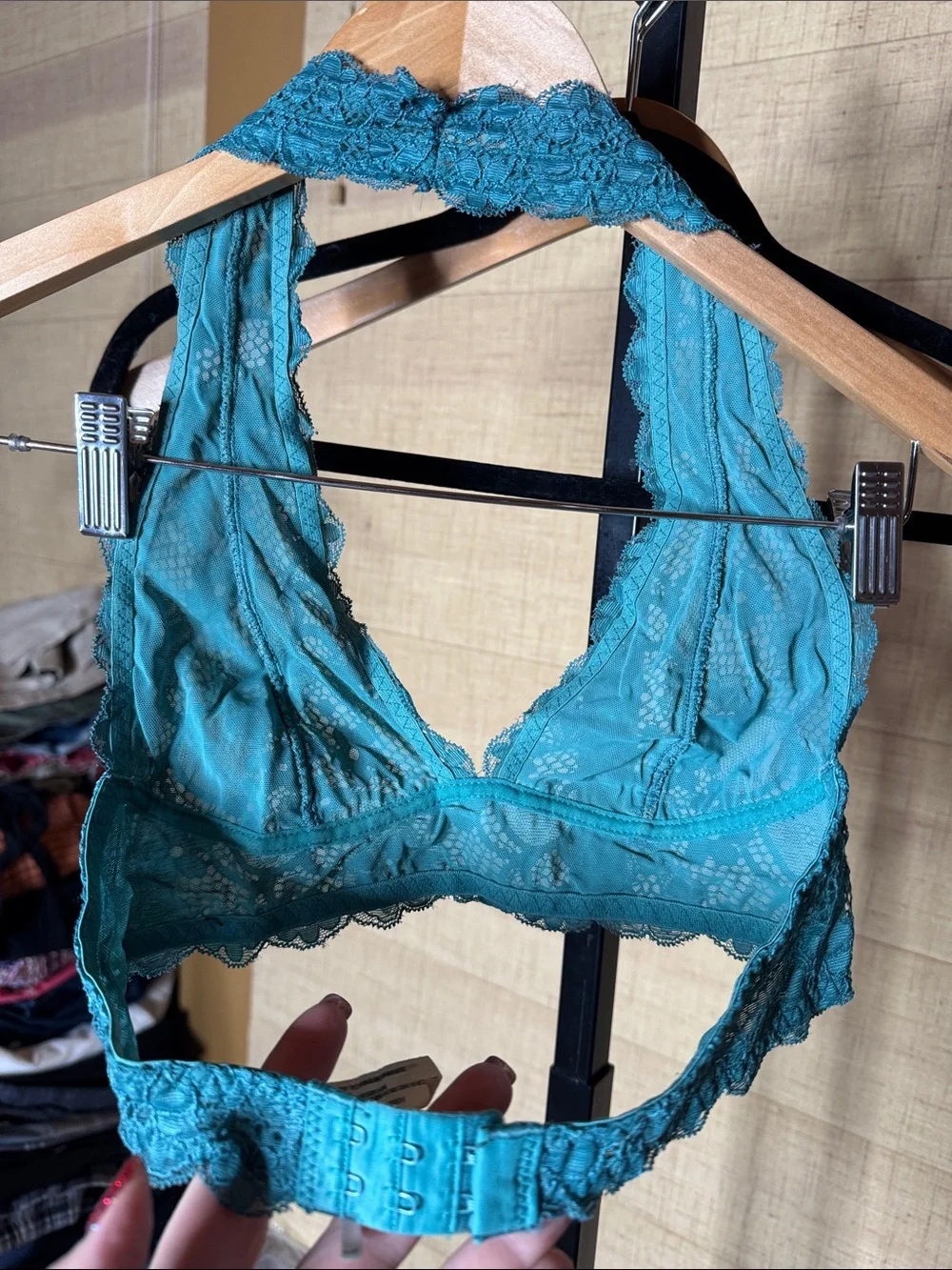 Free People Intimately Galloon Lace Halter Bralette Evergreen XS